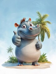 Naklejka premium Cheerful cartoon hippo giving a thumbs up on a tropical island