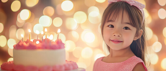 Fototapeta premium Smiling Girl with Birthday Cake and Candles in Bokeh Background
