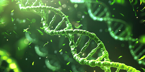 Vividly highlighting the intricate twists and turns of microscopic DNA, with a focus on specific = concepts and enhanced by a bright, vibrant shade of green.