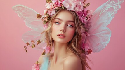 Woman with Flower Crown and Fairy Wings on Pink Background