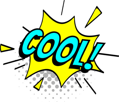 Vibrant yellow speech bubble with the word cool in turquoise, conveying a sense of excitement and enthusiasm in a comic book style