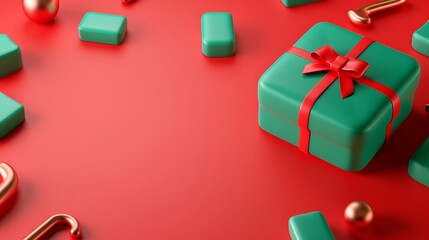 3D Colorful Gift Box with Red Ribbon on Vibrant Background. Christmas Theme.