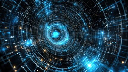 Fototapeta premium Abstract Digital Tunnel: Glowing Blue and Orange Circles