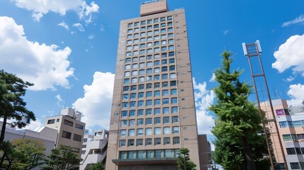 Obraz premium Modern Skyscraper Building with Green Landscaping and Blue Sky