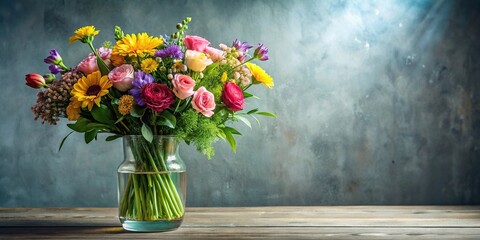 A vase with a bouquet of colorful flowers and greenery arranged in a elegant and modern style, gift ideas, arrangement, garden flowers, indoor decor
