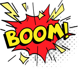 Cartoon explosion with the word boom is depicted with lightnings and star symbols, creating a dynamic and impactful visual representation of a sudden event © Tartila