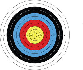 Archery Target Board Vector Illustration. vector archery target. Outdoor archery target in traditional colors - yellow, red, blue, black and white