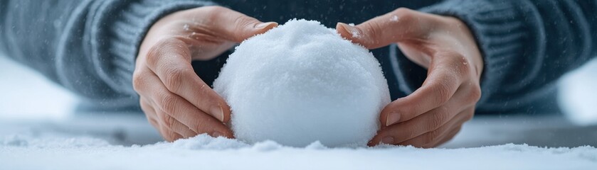 Fototapeta premium Hands holding a freshly made snowball on a snowy background.