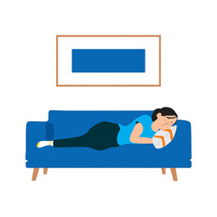 Hand draw woman sleeping in a blue couch on a white background