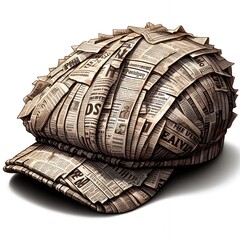 A detailed artistic rendering of a paper hat made from torn and folded newspaper pieces
