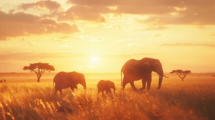 Fototapeta premium A herd of elephants strolls gracefully across the African savanna as the sun sets, casting a warm golden glow over the scene. Generative AI