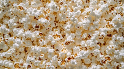 Top view of freshly popped popcorn pile, tightly cropped to fill entire frame, featuring fluffy...