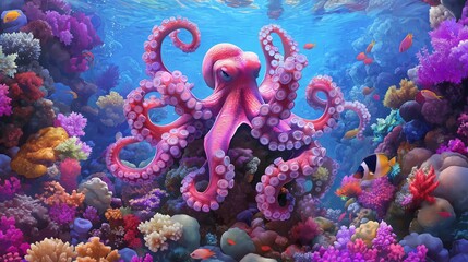 Obraz premium An octopus with changing colors blends into the vibrant coral reef, its tentacles curling around rocks and coral. 
