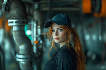 Portrait of a beautiful woman with red hair, wearing a black baseball cap and a dark shirt, standing in front of a large pipe system in the background. 
