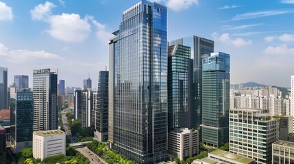 Obraz premium Modern Skyscraper Building with Green Landscaping and Blue Sky