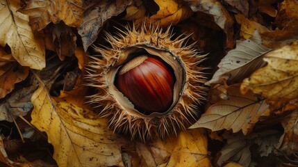 Close-up of glossy chestnut partially enclosed in spiky husk, resting on dry crinkled leaves with rich reddish-brown color, textured husk and autumnal vibrant natural details
