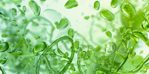A peaceful, meditative image of microscopic DNA strands, suspended in a clear liquid, with a vibrant green hue that captures their living essence.