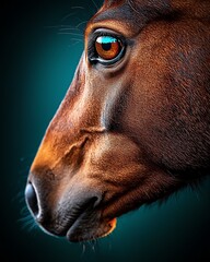 Naklejka premium Close-up of a horse's face showcasing its vibrant eye and detailed fur, exhibiting grace and beauty in nature.