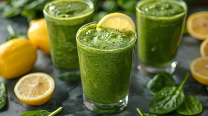 Fototapeta premium Smoothie spinach juice garnished with a lemon wedge