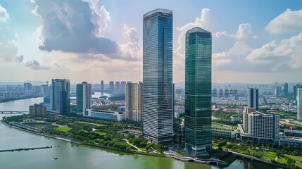 Fototapeta premium Modern Skyscraper Building with Green Landscaping and Blue Sky