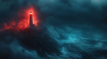 A brightly lit lighthouse standing alone on a dark, stormy night, guiding ships safely through rough waters