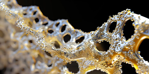 An intricately detailed close-up of microscopic DNA, rendered in metallic gold and silver, against a stark black background.