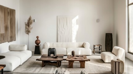A contemporary minimalist living room design with a pristine white canvas backdrop, Showcasing minimalist furniture arrangements for a clean aesthetic, Infusing futuristic style with minimalist charm