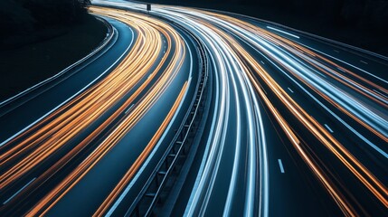 Fototapeta premium Long exposure photo of highway with streaks of car lights creating dynamic light trails on a curved road at night.