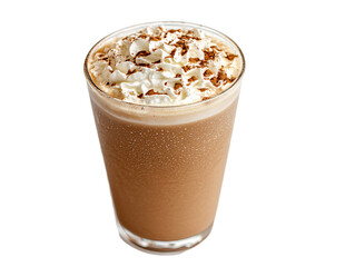 a glass of brown liquid with whipped cream and sprinkles