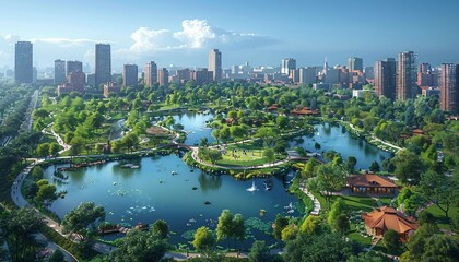 Urban Park and Recreational Space, virtual plan for an expansive urban park that integrates nature into the cityscape. Include sports facilities,