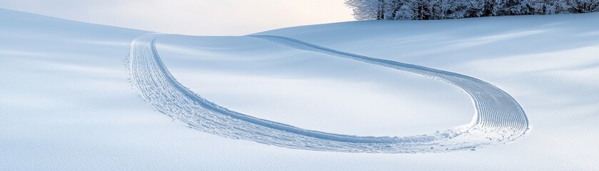 Obraz premium Serene winter landscape with tire tracks in fresh snow under a clear blue sky.