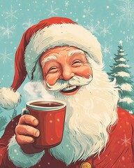 Santa Claus holding a hot cup of coco smiling.