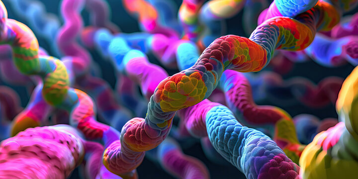 Vibrant Chromosomes: An up-close view of chromosomes, with their distinct bands of colors, highlighting their unique structure under a microscope.