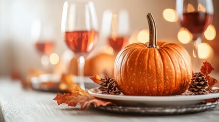 The Thanksgiving dinner table is adorned with a vibrant pumpkin centerpiece surrounded by autumn leaves and wine glasses, evoking a joyful celebration