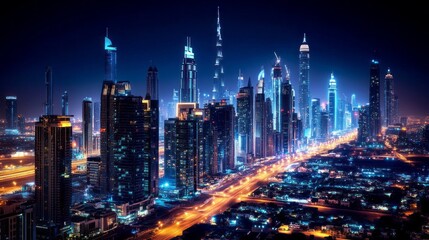 A city skyline at night with many tall buildings