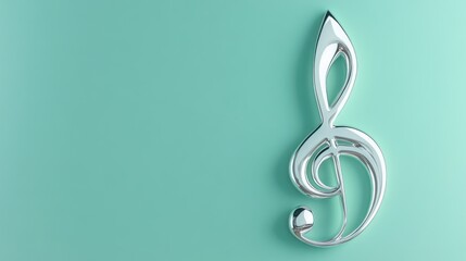 Obraz premium Shiny silver G-clef with musical notes on a sea green background, AI generated image