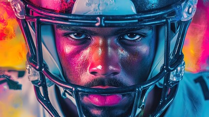 Football Player in Helmet with Neon Lights