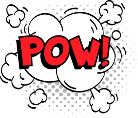 Obraz premium Comic book explosion with the word pow. in red and white cartoon smoke clouds against a gray halftone dotted background conveying a sense of impact and action
