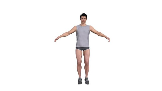 3D render : a male character is jumping jacks with the isolated white background, front view