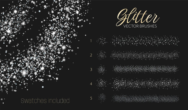 Glitter scatter brushes. Abstract silver strokes. Creative design kit with sparkle effect, shiny grunge texture, grain, paint splash. Swatches included. Editable size. White lines with shimmer.