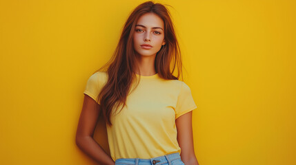 Obraz premium smiling young woman with long wavy hair is standing confidently against a vibrant yellow background
