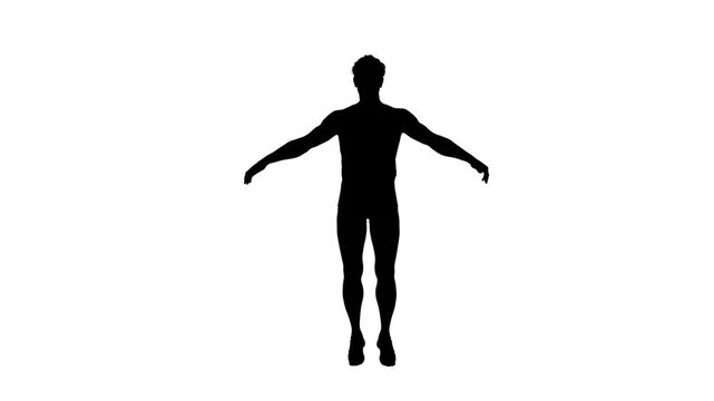 3D render : a silhouette male character is jumping jacks with the isolated white background, front view
