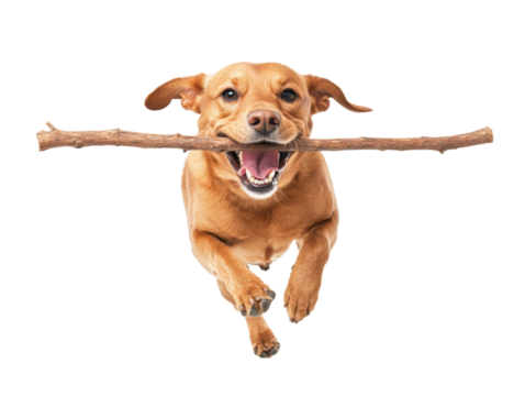 A lively dog joyfully leaps while holding a stick in its mouth, set against a black background.