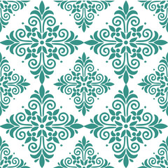 Seamless vintage damask pattern in a classic teal and white color palette. Intricate, repeating design featuring ornate scrolls and floral motifs. Ideal for adding a touch of elegance to various desig