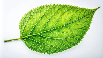 Obraz premium A single vibrant green leaf with intricate veins and a serrated edge, isolated against a crisp white background