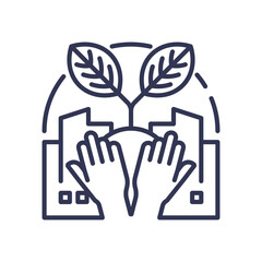 Fototapeta premium Hands nurturing a plant over buildings, symbolizing sustainable urban growth.