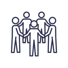 Five figures in a circle symbolize unity and teamwork, highlighting sociability and enthusiasm.