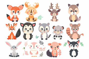 Obraz premium Cute cartoon animals, including a deer, fox, wolf, rabbit, raccoon, squirrel, and more, in various poses and expressions.