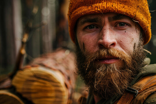 Generative AI image of a handsome virile bearded woodcutter at work in a traditional woodworking workshop