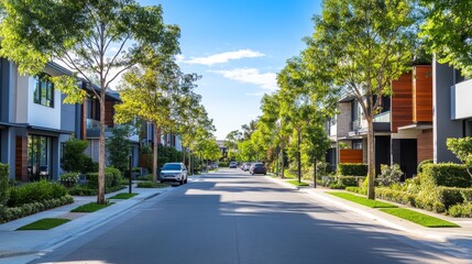 Obraz premium Serene Modern Housing Estate with Tree-Lined Sidewalks and Pristine Streets